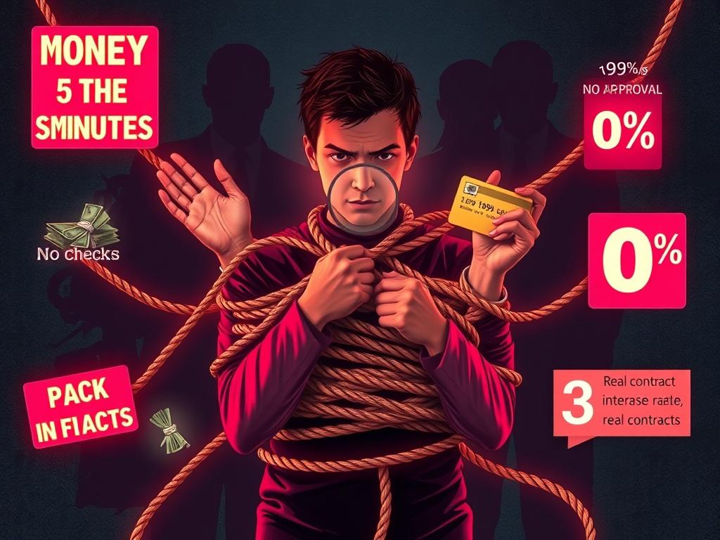 A powerful social illustration in the style of anti-advertising. At the center is a figure of a person bound tightly with ropes made from glowing slogans: A powerful social illustration in the style of anti-advertising. At the center is a figure of a person bound tightly with ropes made from glowing slogans: